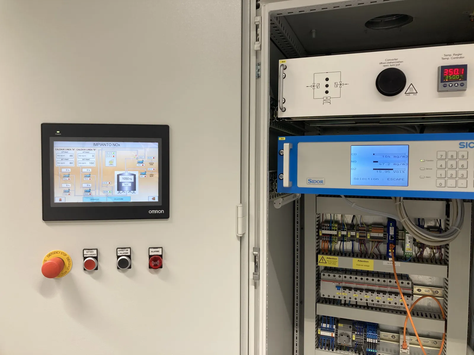 Quadro di controllo PLC dell’impianto SNCR con pannello operatore e analizzatore NOx del camino – Svizzera